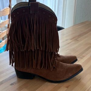 Fringed Brown Heeled Boots